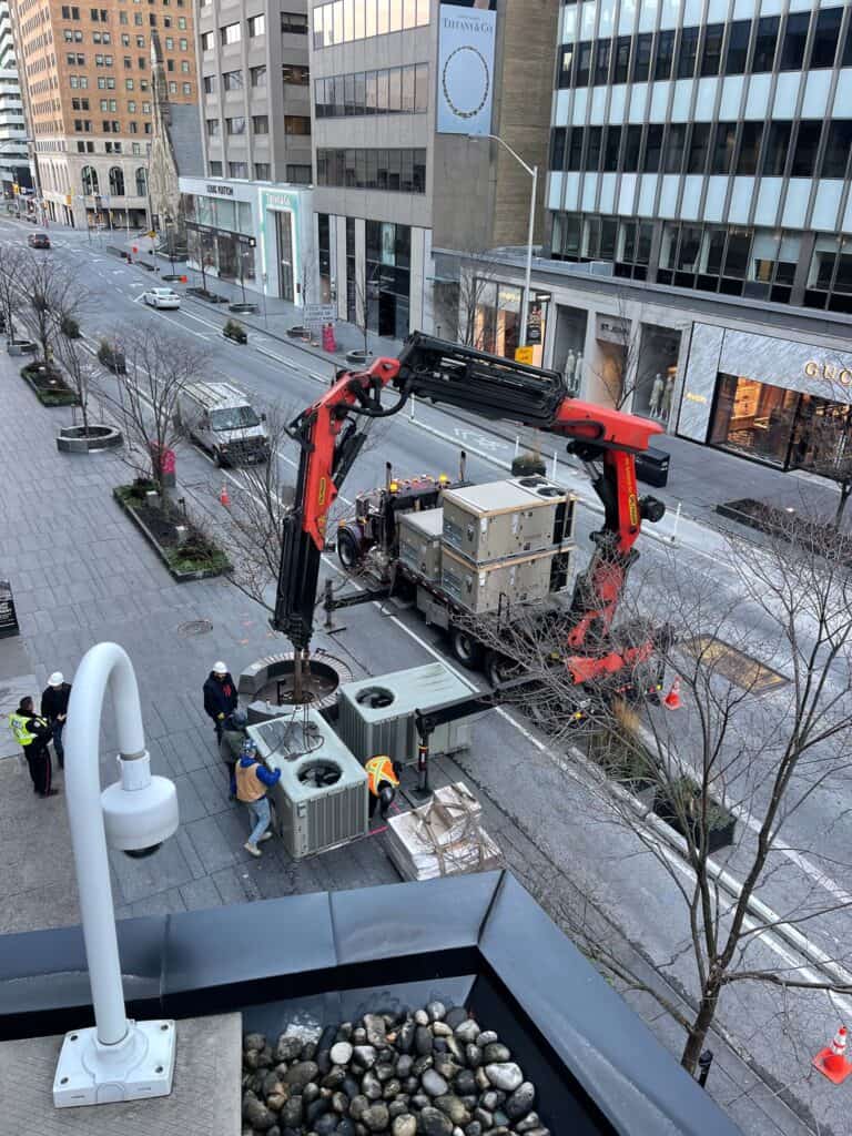 Craning HVAC units in downtown Toronto